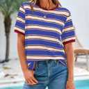 BTFBM Womens Summer Tops 2025 Crewneck Short Sleeve Striped T Shirts Casual Loose Lightweight Color Block Basic Tee (L)