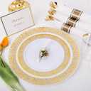 WELLIFE 50 Guests Dinnerware Sets, Gold Plastic Plates，Platos Para Fiestas Elegantes Desechables Include:50 Dinner Plates, 50 Dessert Plate, 150 Pcs Gold Plastic Silverware, 50 Cups for Party