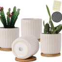 4 Inch Ceramic Plant Pot with Saucer, Creative Stripe Small Planters Pots with Drainage Hole and Mesh Pads for Succulent, Cactus, Herbs, White - Set of 4