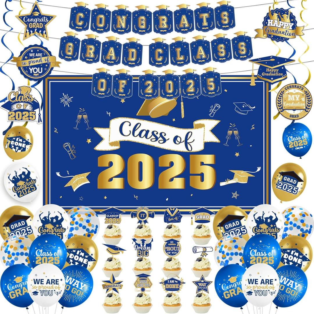 Blue and Gold Graduation Decorations 2025 Grad Party Decorations 2025 Congrats Grad Banner Class of 2025 Banner Class of 2025 Decorations Graduation Banner