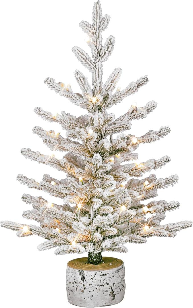 Puleo International 2ft Pre-Lit Potted Flocked Arctic Fir Pencil Christmas Tree with 30 Warm White Lights, 262 Realistic Dense Snow Flocked Branch Tips, Easy Setup Artificial Trees with Sturdy Stand