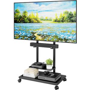 Steel Base Rolling TV Stand with Soundbar Mount for 50-90 inch TVs up to 154lbs, Swivel&Tilt Mobile TV Stand with Large Storage, Height Adjustable Heavy-Duty TV Cart, Max VESA 600x400mm, Black
