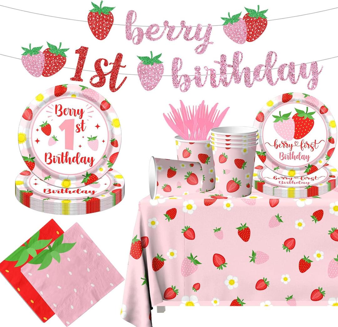 Berry First Birthday Decor Strawberry 1st Birthday Decorations for Girls with Plates, Napkins, Tablecloth, Cups Strawberry Party Decorations, Serve 20