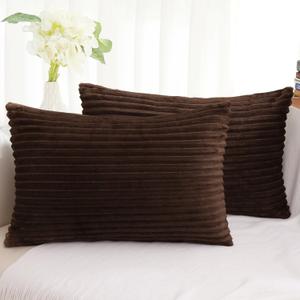 Simmore Decorative Spring Throw Pillow Covers 12x20 Set of 2, Soft Natural Plush Flannel Double-Sided Fluffy Lumbar Pillow Covers for Couch Sofa Living Room, Brown