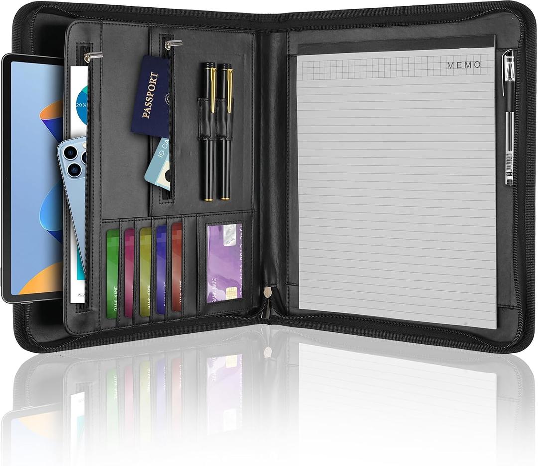 Leather Padfolio Portfolio Binder Organizer, with 25 Pages Notepad & 13" Tablet Sleeve, Professional Conference Meeting Business Zipper Folder for Letter Size A4 Legal Writing Pad Document Men Women (Black)