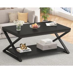 HSH Black Modern Minimalist Metal Wood Living Room Table with Storage Shelf, 39 Inch 2 Tier Rectangle Center Coffee Table