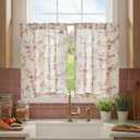 jinchan Floral Kitchen Curtains 30 Inch Linen Tier Curtains Farmhouse Cafe Half Window Drapes Over Sink Light Filtering for Living Room Laundry RV Rod Pocket 2 Panels Maroon Red on Beige, 26"W x 30"L