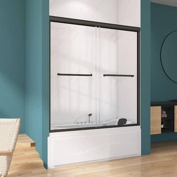 60 in. W x 62 in. H Double Sliding Semi-Frameless Bathtub Shower Door Tub Door in Matte Black with 5/16 in. Clear Glass
