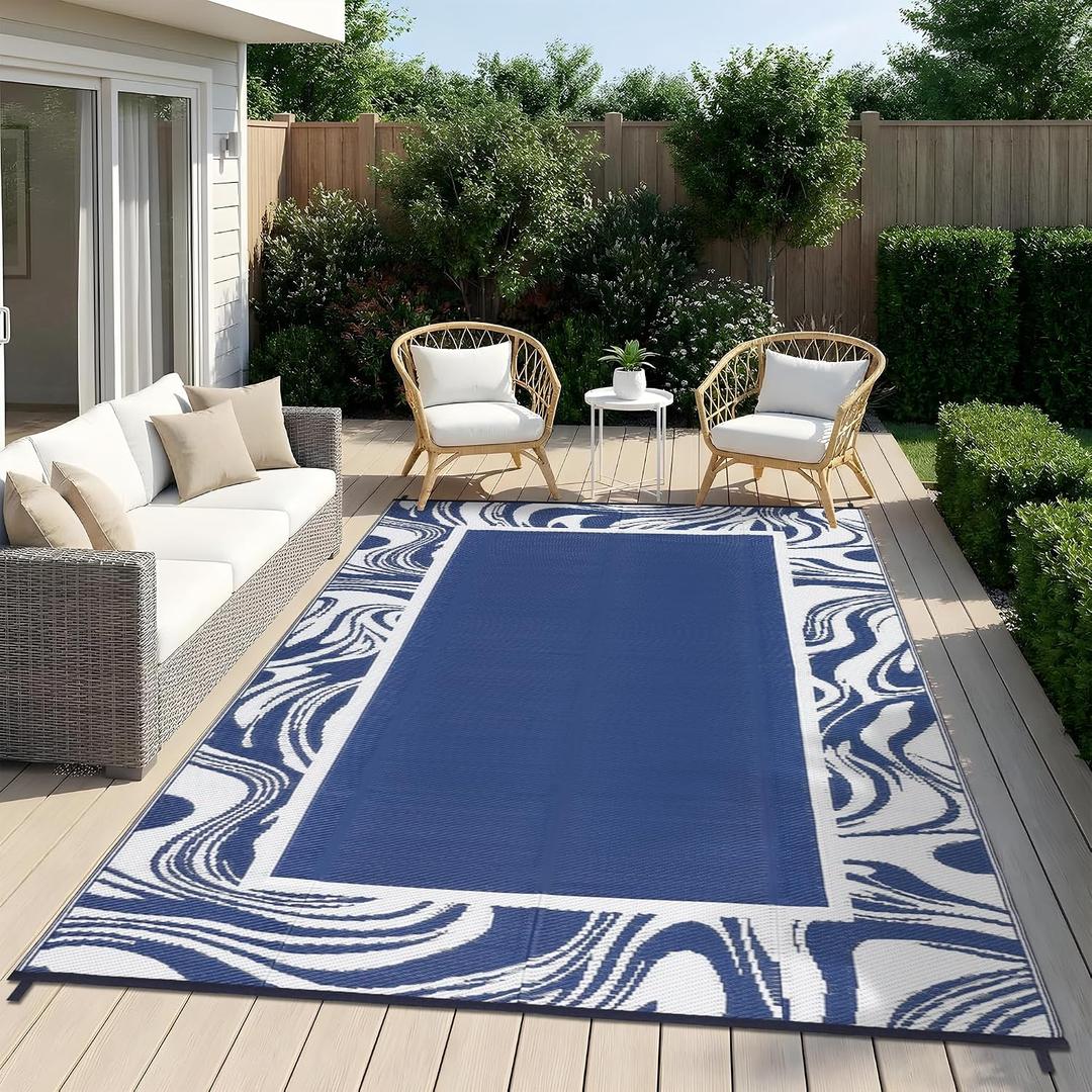 Outdoor Rug for Patio 6x9 Waterproof Reversible Mat Modern Bordered Plastic Straw Large Outdoor Carpet Foldable Patio Camping Rug for Patio, RV, Deck, Balcony, Backyard, Picnic, Beach, Clover,Navy