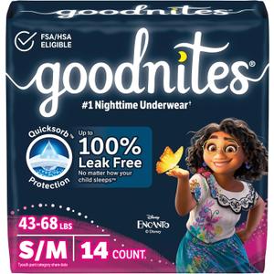 Goodnites Girls' Nighttime Bedwetting Underwear, Size S/M (43-68 lbs), 14 Ct, Packaging May Vary