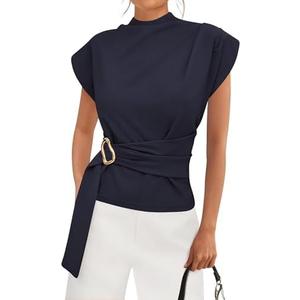 PRETTYGARDEN Women Blouses Spring Dressy Cap Sleeve Mock Neck Work Shirts Buckle Tunic Summer Business Casual Tops 2026, XXL