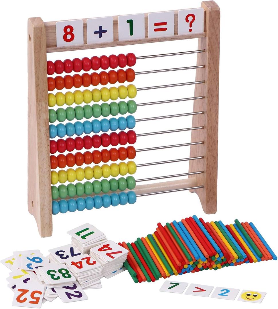 Cltoyvers Wooden Abacus for Kids - 100 Counting Sticks and Number Toys Cards 1-100, Educational Math Games for Preschool and Elementary School 1st 2nd Grade