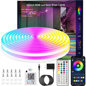 16.4FT Neon Rope Lights,RGB LED Strip Lights,App Control,IR Remote,Music Syncing,Outdoor IP67 Waterproof,Flexible Led Rope Lights,Cuttable,for Bedroom,Gaming,Party,Outdoors Decor