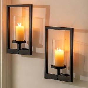 Black Candle Sconces Wall Decor: Set of 2 Metal Morden Style Frame Wall Candle Holder with Hurricane - Wall Mounted Minimalism Decorations for Living Room Hallwa