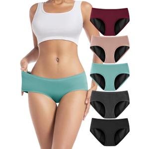 TIICHOO Period Underwear for Women Heavy Flow Soft Menstrual Panties Teens Ladies Leakproof Incontinence 5 Pack (1 Black/1 Light Grey/1 Burgundy/1 Rose Gold/1 Turquoise Green, X-Large)
