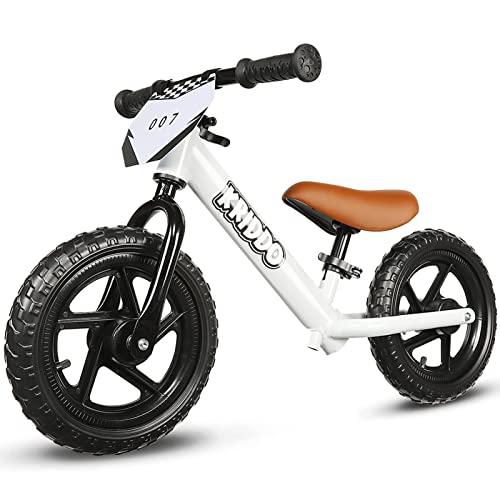 KRIDDO Toddler Balance Bike 2 Year Old, Age 24 Months to 5 Years Old, 12 Inch Push Bicycle with Customize Plate (3 Sets of Stickers Included), Gift Bike for 2-3 Boys Girls, White