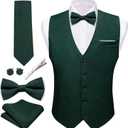 Barry.Wang Mens Suit Vest Linen Formal/Casual V-neck Waistcoat Tie Bow Tie Set Solid Color 6PC Wedding Party Tuxedo (Green, XL)