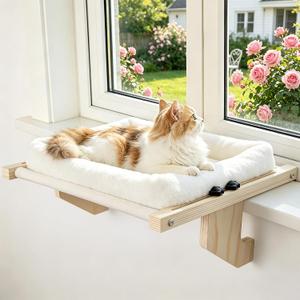 Cat Sill Window Perch - 100% Natural Pine Frame, Soft Rabbit Fur Cushion, Tool-Free Adjustment, Supports 40 lbs (Medium-White)