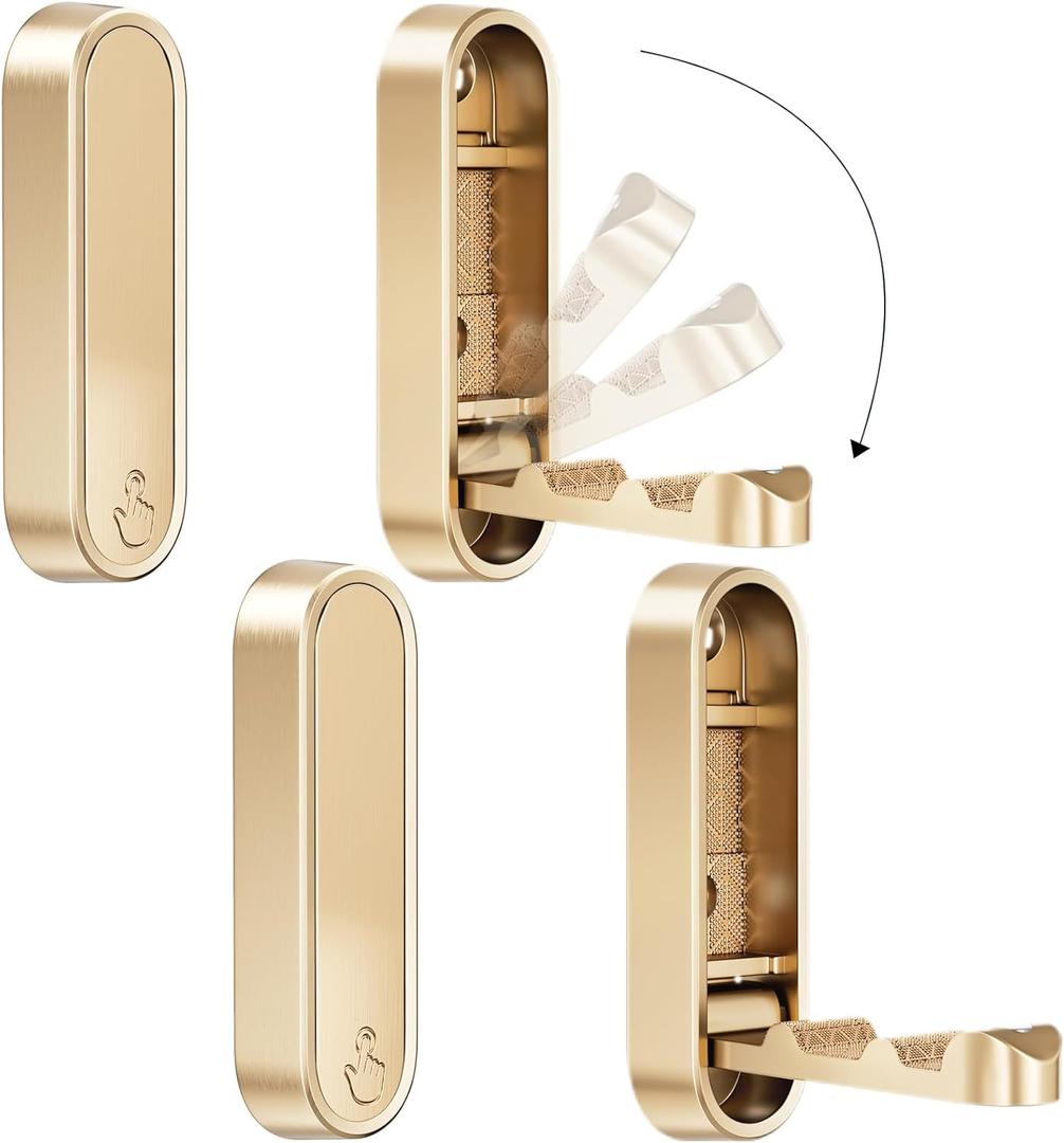 Folding Coat Hooks, Zinc Alloy Foldable Gold Wall Hooks Heavy Duty Bathroom Towel Hooks Flip Down Towel Hooks for Hanging Coat Towels Clothes Hat Bags Keys (4 Golden)