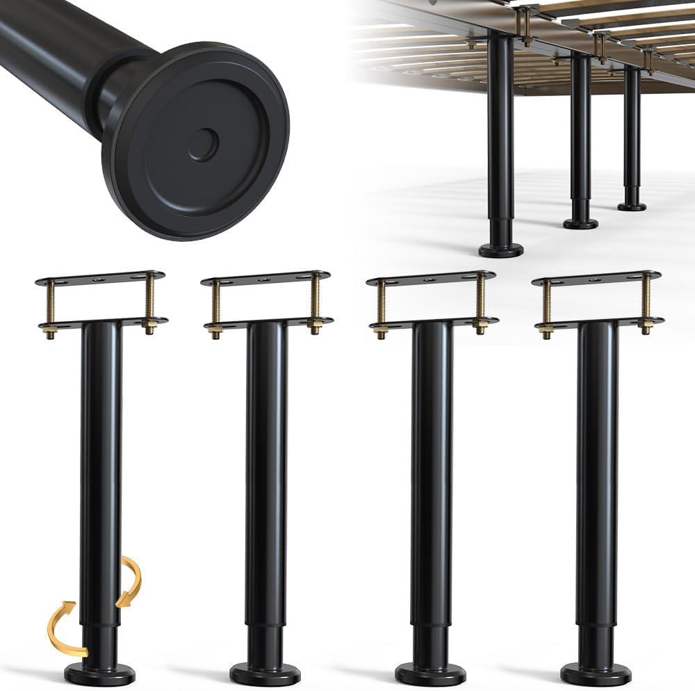 4Pcs Bed Frame Support Leg, Adjustable 13.8" to 23.6", Increase Under-Bed Storage Space, Extra Sturdy Steel Bed Risers with Wider Rubber Base, More Stable, for King/Queen Bed