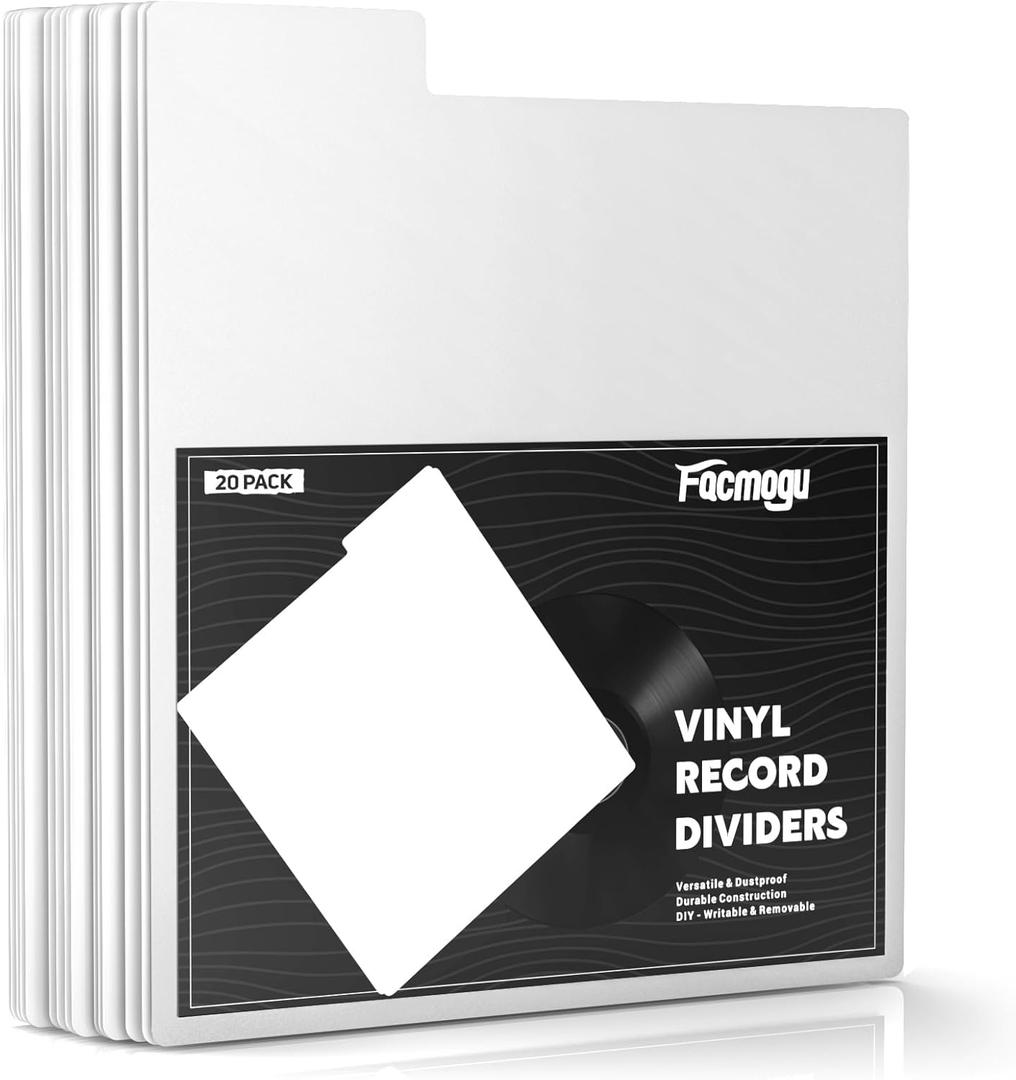Facmogu 20PCS Vinyl Record Dividers, Reusable & Writable Vinyl Album Separators, 12" Plastic Record Storage Dividers for LP Album Organizer, Blank 33 RPM Divider for Records Book Shelf Storage - White (Thickness (0.5mm))