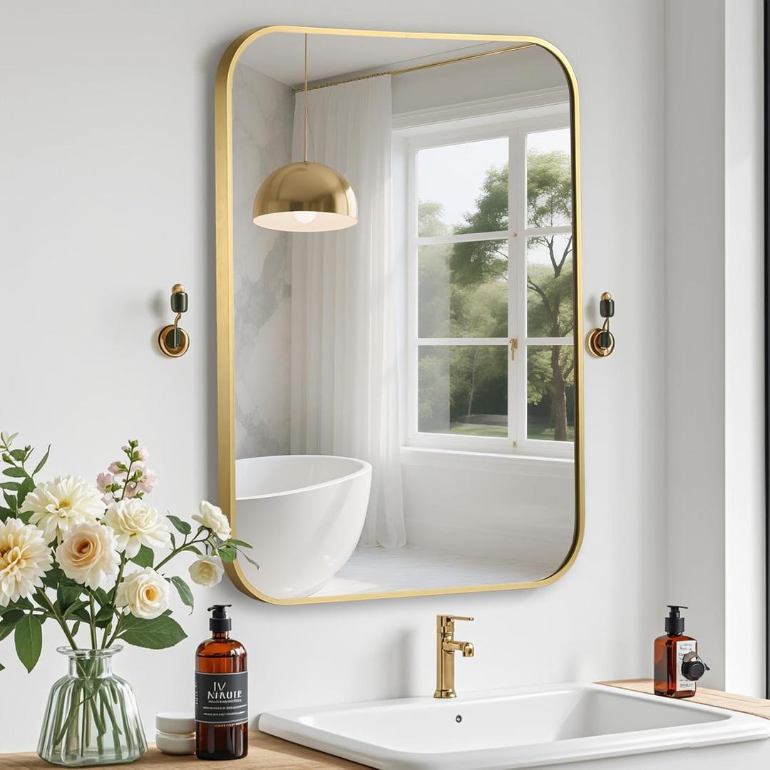 Gold Bathroom Mirror, 16x20 Inch Aluminum Frame Rectangle Mirror, Anti-Rust, Tempered Glass, Wall Mirror for Over Sink, Vanity, Bedroom, Entryway, Horizontal/Vertical (Gold(rounded Corner))