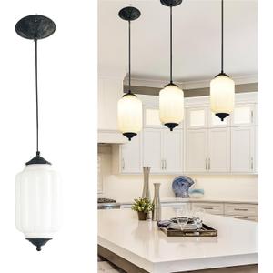 Vintage Milk Glass Pendant Lights Kitchen, Brass Color Glass Ceiling Light Fixture, Retro Industrial Pendant Lighting for Dining Room, Kitchen, Bedroom, Entryway, Hallway (White, 5.5in)