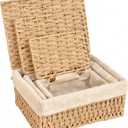 Wicker Storage Basket with Lid, Khaki Paper Rope Woven Storage Box with Removable Liner, Stackable Shelf Bin for Bathroom, Closet, Nursery (M-8.6"×6.1"×4.1")