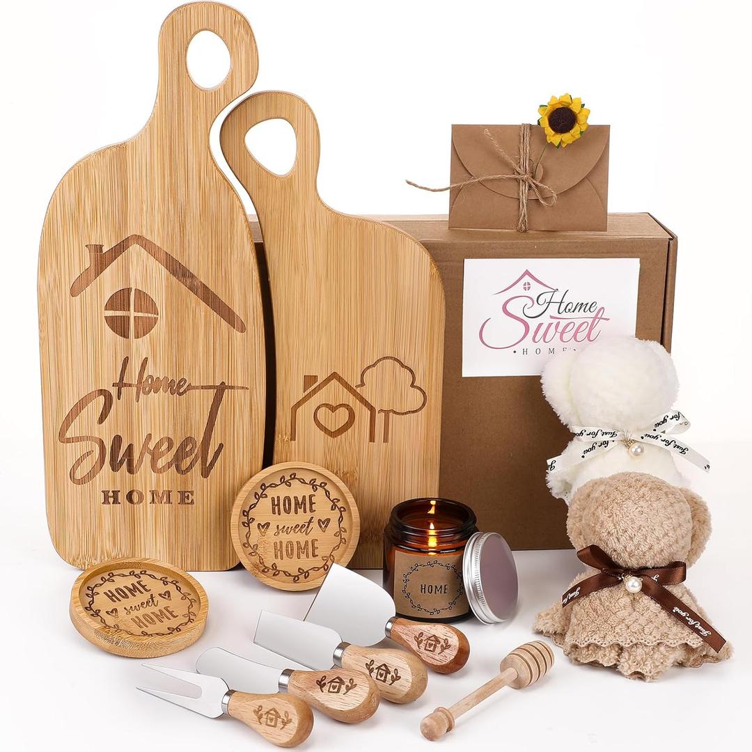 Ziliny 14 Pcs House Warming Gifts Home Housewarming Gifts for New House Include Bamboo Serving Board Knife Set Coaster Scented Candle Towel Greeting Card Sticker Stirring Rod for Couple Women Men