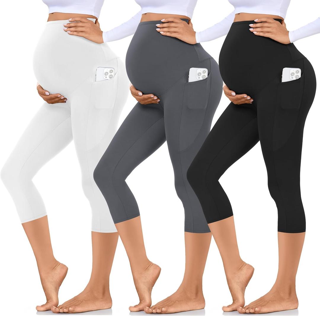 Hi Clasmix 3 Pack Maternity Capri Leggings with Pockets-Buttery Soft Workout Pregnancy Yoga Pants (Large)