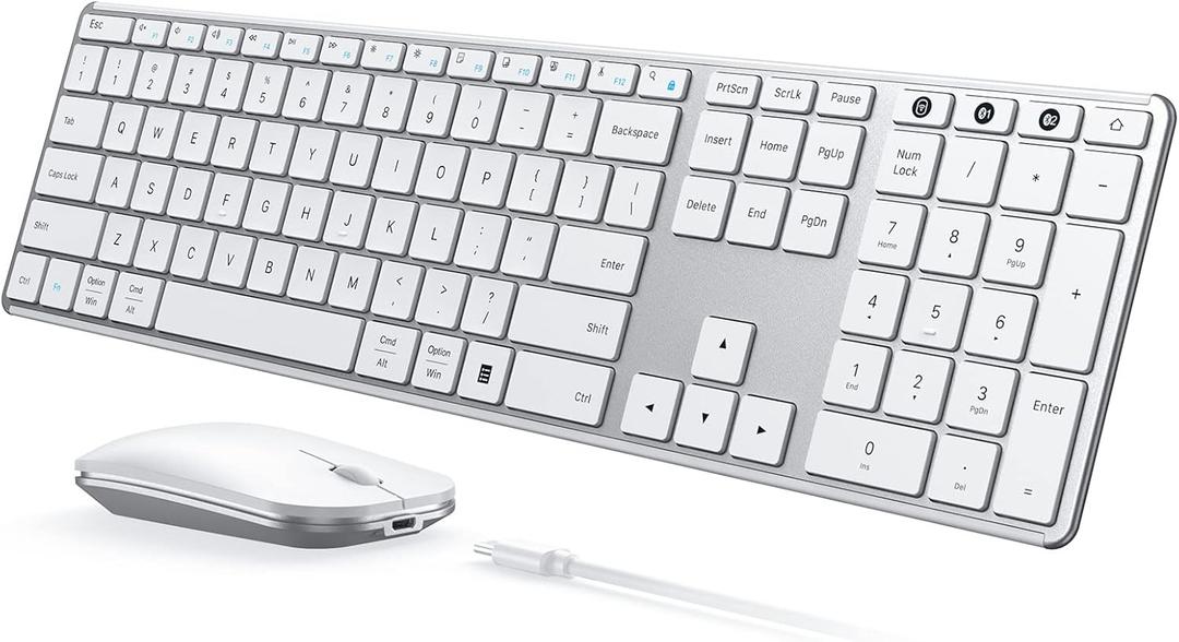 Seenda Wireless Bluetooth Keyboard and Mouse Combo, SKM64-3 Rechargeable Slim Quiet Keyboard Mouse, 3 Multi-Device Connection, Compatible for Windows, Mac, MacBook, iPad, Tablet, White Silver