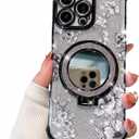 for iPhone 15 Pro Case with Diamond Mirror Kickstand,[Reinforced Conner Bumper][Glitter Bling Floral Design] Luxury Shinny Electroplated Edge for Women Girls-Black
