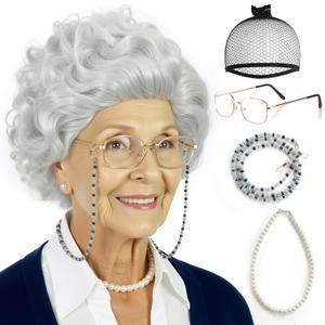 ANOGOL Hair Cap+ 5pcs Old Lady Wig Set Grandma Wigs Granny Wig and Accessories Grey Curly Wigs Old Lady Costume Women 100 Days of School Outfit Halloween Party (Glasses+ Eyeglass Chain+ Necklace)