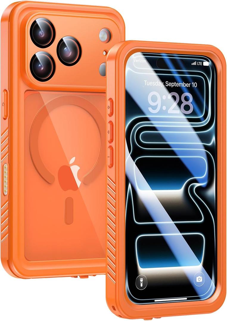 Lanhiem Magnetic for iPhone 17 Pro Case Waterproof, Built in Screen Protector & Camera Protection, [Compatible with MagSafe] Full Body Dustproof Heavy Duty Rugged Phone Case 6.3'' (Orange)