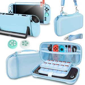 TIKOdirect Carrying Case for Switch 2, Portable Case with 24 Game Card Slots, Wrist Strap, Shoulder Strap, Protective Shell, 2 Thumb Grips and Screen Protectors, Blue