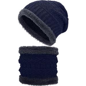 2 Pcs Winter Hat Mens Beanie Knit Neck Warmer Fleece Lined Beanie Warm Neck Gaiter Face Warmer Skull Cap for Men (Blue)