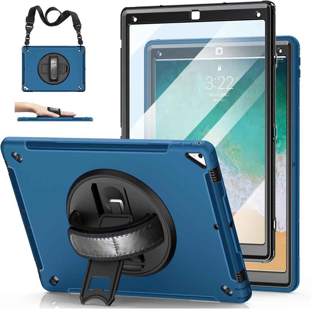 Case for iPad Pro 12.9 2nd Generation 2017& 2015 1st Generation, Heavy Duty TPU Protective Cover with Screen Protector- 360 Rotatable Stand + Handle Hand & Shoulder Strap + Pencil Holder- Blue