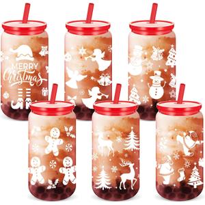6 Pcs Christmas Gift Cups Reusable 16 oz Acrylic with Lids and Straws Plastic Drinking Tumblers Snowman Santa Claus Gingerbread Ice Coffee Mason Jars for Xmas Party Decor Supplies