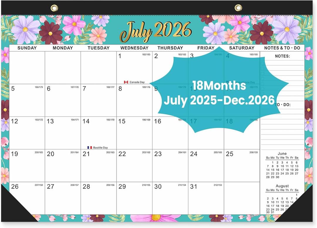 Comix 2025-2026 Floral Desk Calendar - 18 Month Desk Calendar (July 2025–Dec 2026) | 17"x12" Thick Paper with Classic Design for Office & Home