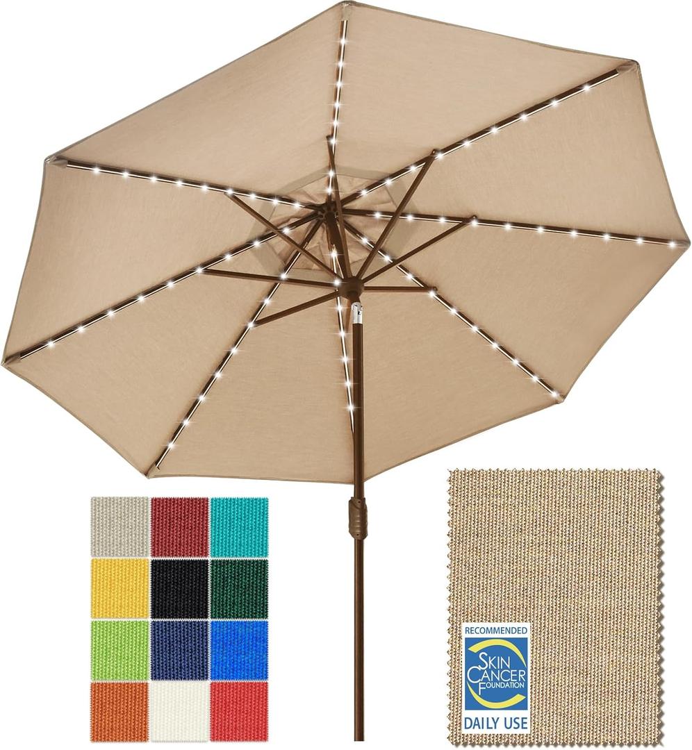 EliteShade USA 10-Year-Non-Fading 9ft Market Patio Umbrella, Commercial Grade Table Sun Umbrella with 80 Solar LED Lights, Crank Open, Windproof & UPF 50+ UV Protection for Garden, Deck, Pool, Backyard, Heather Beige