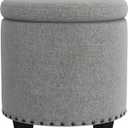 Homepop Home Decor | Upholstered Round Storage Ottoman with Nailheads| Ottoman with Storage for Living Room & Bedroom, Grey Woven