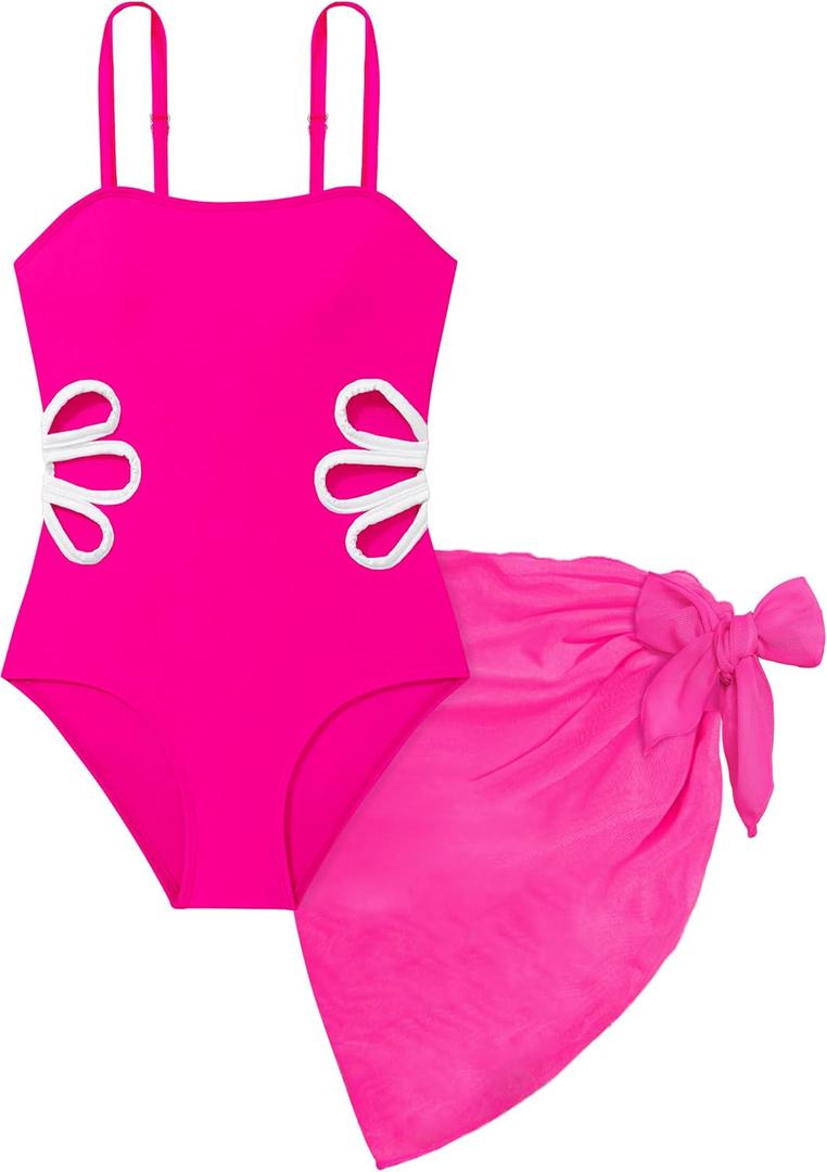 Girls Swimsuit, Adjustable Straps Cut Out One Piece Bathing Suit with Solid Color Cover Up Skirt Girls' Swimwear (7-8 Years, Pink)