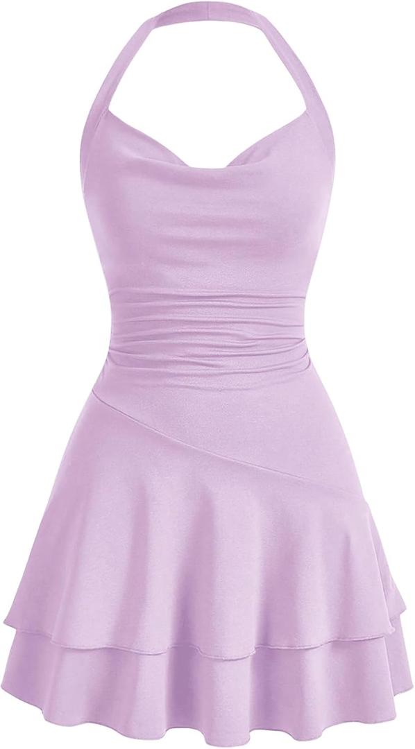 OYOANGLE Women's Sleeveless Halter Ruffle Short Dress Open Back Ruched A Line Holiday Party Dresses (Pink, S)