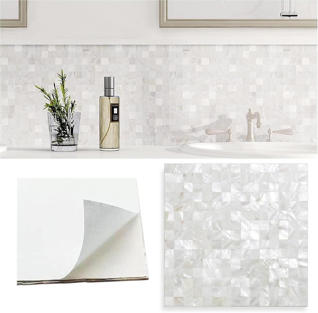 Peel and Stick Backsplash Mother of Pearl Tile, Yew & Tulip Self-Adhesive Natural Nacre Shell Seamless 12 x 12 Mosaic Sheet for Kitchen Backsplash Home Decor (Ivory White, 1 Sheet/Box, 1 sq.ft.)