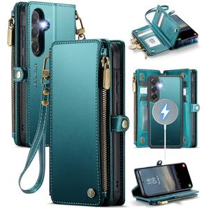 Defencase for Galaxy S24 Magnetic Wallet Case Compatible with Magsafe with RFID Blocking Zipper & Card Holder for Women Men, PU Leather Detachable Phone Case for Samsung Galaxy S24 5G 6.2", Blue Green