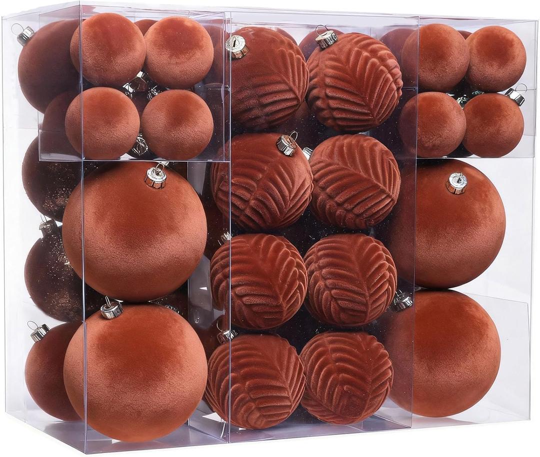 53 Pcs Velvet Christmas Ornaments Set, Brown Flocked Christmas Balls with Christmas Bells Decor and Paper Ornaments, Shatterproof Hanging Xmas Tree Decorations Set for Holiday & Home Decor