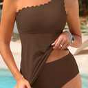 One Shoulder Two Piece Tankini - Ribbed Swim Tops with Bottom Tummy Control Swimsuits Sporty Bathing Suits Swimwear (Brown, L)