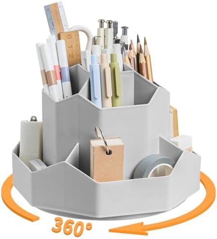 Cayxenful Pencil Pen Holder for Desk,9 Slots 360 Degree Rotating Desk Organizers,Desktop Storage Stationery Supplies Organizer, Cute Pencil Cup Pot For Office, School, Home, Grey