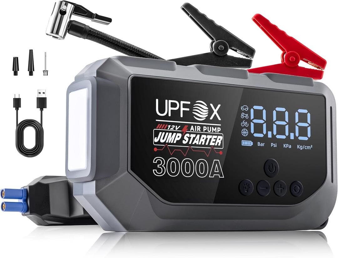 3000A Jump Starter with Air Compressor 12V, 44.4Wh Portable Car Jump Starter for 8.0L Gas & 6.0L Diesel Engines, 150PSI Tire Inflator with LED Display, Emergency Jump Box with Jumper Cables