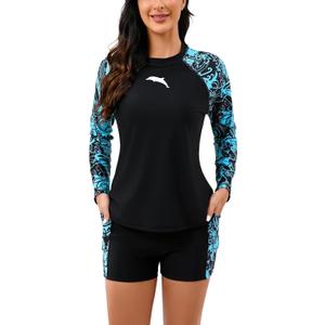Halcurt Women's Built in Bra Rash Guard Long Sleeve Swimwear UPF 50 Two Piece Swim Shorts and Tops (X-Large, Black Green Abstract)